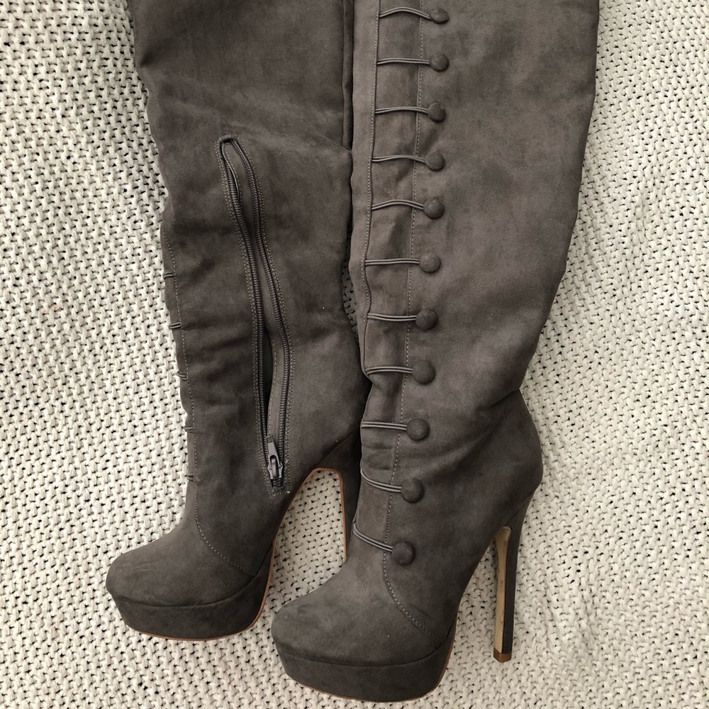 Gray Suede Knee High Boots